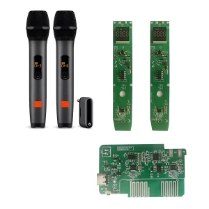 Custom-made JB-style wireless FM auto-tuning microphone cable with one transmitter and two receivers PCB board.