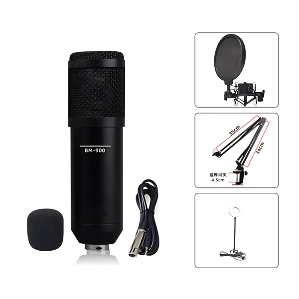 HC-900-04 microphone + windproof cotton +3.5 audio cable +35 aluminum bracket + iron shock proof frame + BOP net +9cmg with clip fill light